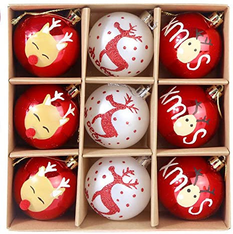 Weihnachtskugeln 9tlg 6cm Kunststoff Christbaumkugeln Weihnachtsdeko Weihnachtsbaum Dekoration Set Plastik Ornament Weihnachten Deko mit Anhänger Oh Hirsch Thema Rot Weiß Grün (Rot)