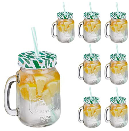 Relaxdays Trinkgläser mit Deckel und Strohhalm, 8er Set, Kaktus-Motiv, 500 ml, Sommer Limonadengläser mit Henkel, bunt, 19 x 11 x 8 cm, Transparent, Dunkelgrün, Weiß