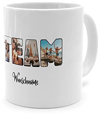 PhotoFancy® - Fototasse 'Team' - Personalisierte Tasse mit eigenem Foto und Text selbst gestalten - Weiß