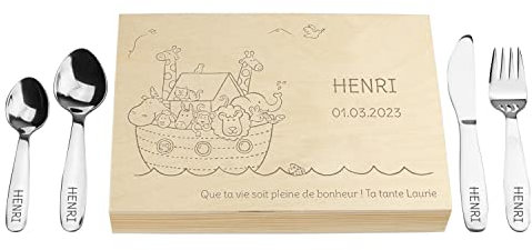 LAUBLUST Couverts pour Enfants gravés avec boîte - Cadeau personnalisée en Bois - Naturel - 4 pièces - Couverts de Table en Acier Inoxydable - Cadeau personnalisé (L'Arche de Noé)