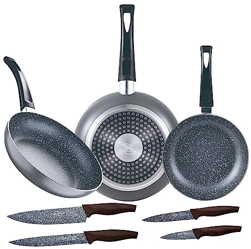 San Ignacio Set mit 3 Pfannen (16 + 20 + 24 cm) aus gepresstem Aluminium, Induktion, schwarz Soul Marble mit 4 Messern, Edelstahl