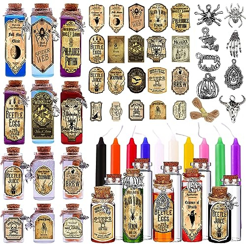 174 Pcs Apothecary Bottles with Cork, Indoor Witchcraft Supplies - Halloween Decorations with Labels, Pendants, Candles, Eye Screws, Twines for Tiered Tray Decor