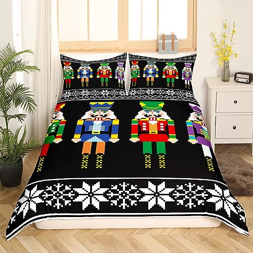Homewish Nutcracker Duvet Cover Double, Retro Xmas Bedding Set for Kids Boys, Colorful Scandinavian Christmas Snowflakes Comforter Cover, Black White Bedroom Decor Winter Quilt Cover