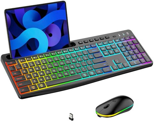 Combo de teclado y mouse inalámbricos con retroiluminación, teclado recargable de 2.4 GHz con soporte para tableta para teléfono, 11 teclas de acceso directo, mouse silencioso retroiluminado RGB 22