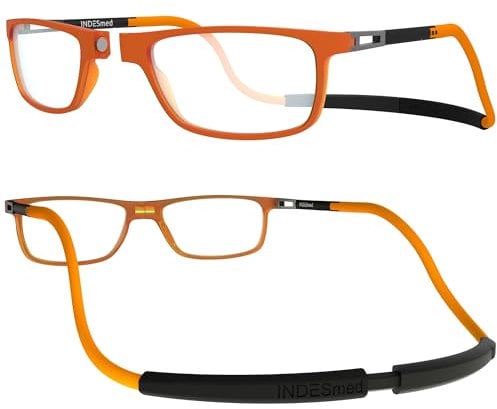 INDESMED Lesebrillen mit Magnetverschluss Schutz vor Blauem Licht, ultraleichtes und modernes Design – Anpassbare Bänder für Männer und Frauen – Eleganz und Komfort (Orange, 1, Dioptrien)