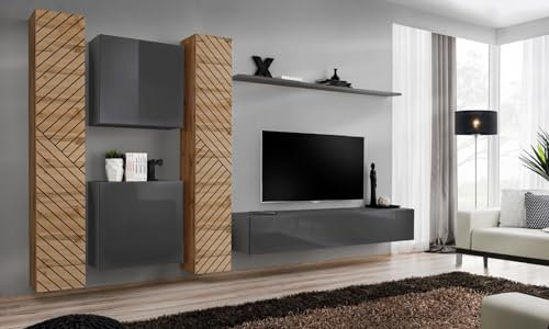 All4All Wohnwand SW VI mit Lamellen - Wohnzimmermöbel - Schrankwand für Wohnzimmer - Wohnzimmerschrank - Anbauwand - Wohnwand Hängend - Modern - Mediawand -Möbel - Wotan+Grau 21