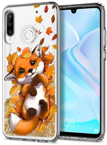 Anreixx Glitter Hülle für Huawei P30 Lite, Niedliche Fuchs Muster Silikonhülle mit glänzenden Sparkle Bling Quicksand & weiche TPU Bumper-Kissen