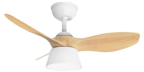 ABRILA - Ventilador DC CUBICO | Blanco/Haya con tres Aspas| con 6 Velocidades Ajustables | 3 Temperaturas de Luz Seleccionables | Mando a Distancia Incluido