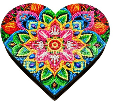 Demiawaking Klassische Mandala Diamond Painting Schmuckkästchen Aufbewahrungsbox DIY Diamant Malerei Schmuckaufbewahrung Holz Organizer Box Geschenke (Herz 04)