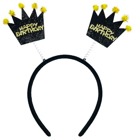 Oblique Unique® Haarreif Happy Birthday Kronen Schwarz Gold Kopfschmuck Haarreifen Accessoire für Geburtstag Fasching Karneval Motto Themen Party