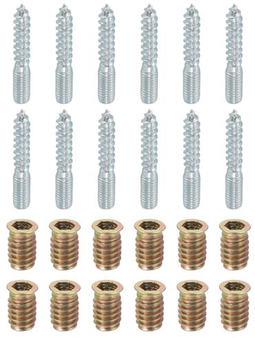 sourcing map M8x50mm Hanger Bolts, 12pcs 31mm Wood Dowel Screw Self-Tapping Screw with 12pcs M8x20mm Threaded Insert Nuts Interface Hex Socket Drive, for Joint Furniture Legs
