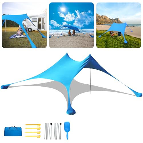Sonnensegel Strand, 2,1m X 2,1m, Allseitig Elastisch, Einfach Zu Montieren, Sonnenschutz, Inkl. 2 Aluminiumstangen, Tragetasche und Sandschaufel, Geeignet für Strandcampingreisen