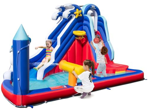 GYMAX Kids Bouncy Castle, 6 in 1 Inflatable Water Park with Slide, Climbing Wall, Water Cannon, Splash Pool, Basketball Hoop & Ring Toss Game, Outdoor Children Bounce House for 3-10 Years Old