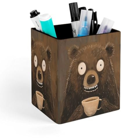 CWGQQ Stifthalter, weißer Zahn- und Bärendruck, Bleistiftbecher, Schreibtisch-Aufbewahrungsbox, Leder, quadratisch, Stifthalter, Schreibtisch-Organizer