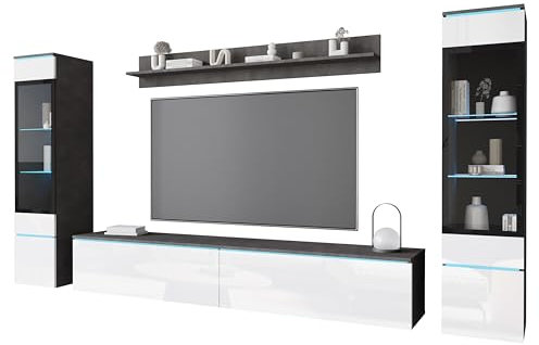 MINIO go for it - Wohnwand 4-Teilig Set Veve 2 I Hängend oder Stehend I 2X Hochschrank-Vitrine I Lowboard Wandboard I Laminierte Spannplatte I Matera und Weiss Hochglanz - ohne Beleuchtung