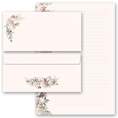 Writing Paper Set 20 Pieces Rose Pracht 10 Sheets Writing Paper + 10 Matching Envelopes without Window DIN A4 & DIN Long in Set Rose Motif