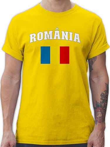 T-Shirt Herren - Fußball EM WM - România Schriftzug mit Flagge | Rumänisch | Romania | Rumänien - S - Gelb - Fussball Shirt männer Europameisterschaft rumänische Tshirt fu Ball Trikot