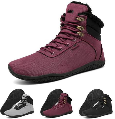 Geweo Chaussures Pieds Nus Femme Homme Printemps Bottes Marche avec Semelle Chute Zéro Confort Chaussures Minimalistes Pieds Larges Légères Bottines Chaudes Barefoot Shoes Unisex Colore Bordeaux 38EU