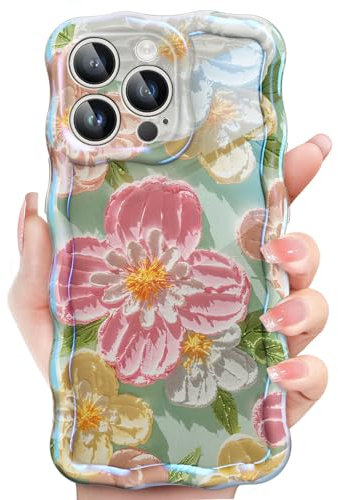 JETech Cute Case for iPhone 13 Pro 6.1-Inch, Colorful Retro Oil Painting Floral Design Curly Wave Frame, Stylish Flower TPU Soft Protective Phone Cover for Women and Girl (Pink Flower)