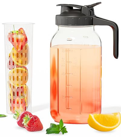 64oz Glass Pitcher with Fruit Infuser, 2 Quart Wide Mouth Mason Jar Pitcher with Airtight Flip Top Lid, Leakproof Fridge Door Water Jug for Iced Sun Tea, Juice Making - Black