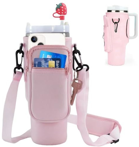 Mailfull Bolsa de Transporte para Stanley Cup Bolsa Portabotellas de Agua con Correa Ajustable Funda para Botella Termo con Mosquetón para Practicar Senderismo Viajar Acampar (Rosa)