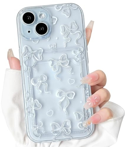 NITITOP Compatible with iPhone 15 Case Clear with Card Holder Cute Bowknot Ribbon Pattern for Women Girls Little Bow Soft TPU Shockproof Wallet Case Protective Cover - White