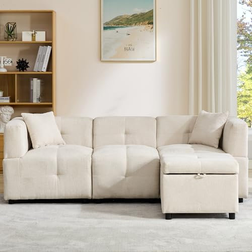 RIAZOS 80 Sectional Sofa Couch with Removable Ottoman Storage, for Living Room Apartment, L-Shaped Sofa with 2 Pillows for Home, Apartment, Office Living Room (Beige)