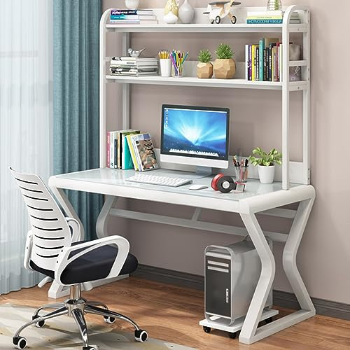 WWERTYY Bureau d'ordinateur en Verre trempé, Bureau d'étude, Bureau d'écriture, Poste de Travail, Table d'ordinateur Simple et Moderne avec étagères de Rangement, étagère pour Bureau à dom