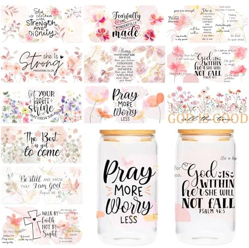 Bible Verse UV DTF Cup Wraps, 12 Sheets Christian Inspirational Quotes Stickers with Pink Floral Designs, Waterproof Religious Transfers for 16 oz Tumblers, DIY Crafts