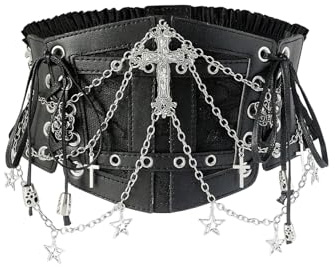 WDIRARA Women's Faux Leather Corset Belt Chain Elastic Waist Goth Punk Rave
