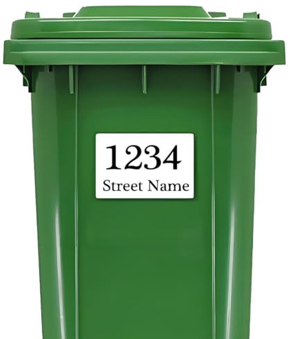 4 x Personalised Wheelie Bin Stickers – Custom Rubbish Bin Decals with House Number & Street Name – Weatherproof Vinyl Labels