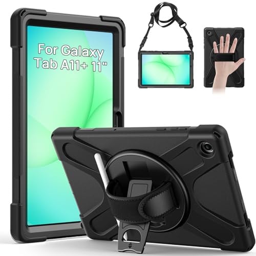 Gerutek Funda Anticaída para Samsung Galaxy Tab A11 Plus 11 2025, (SM-X230/X235/X236B), Carcasa Rugosa con Soporte Giratorio, Correa de Mano/Hombro, Bolígrafo, Funda para Galaxy Tab A11+ Plus, Negro
