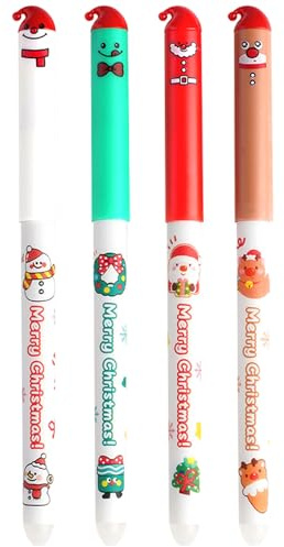 Caelura Weihnachtsstifte Kinder, 4 Radierbare Stifte Weihnachten, Gelschreiber Radierbarer Kugelschreiber mit Weihnachtsmann, Weihnachtskranz, Schneemann, Elch für Studenten Schule Büro (weihnachten)