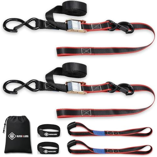 RUNAFLAMA® Motorrad Spanngurte 2er Set [550 kg Bruchlast & EN 12195-2 geprüft] – Zurrgurte mit Haken 1,9 m + 2 Zurrschlaufen – Spanngurt Set inkl. Tasche & Klettband (Für Transport & Motorradträger)