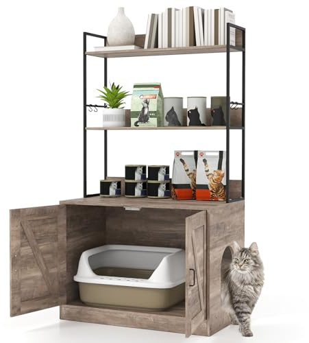 COSTWAY Meuble Litiere Chat, Maison de Toilette Chat avec 3 Étagères de Rangement, 4 Crochets, Placard à 2 Portes, Entrée Latérale, pour Cacher la Plupart des Bacs à Litière, 80 x 48 x 145 cm (Gris)