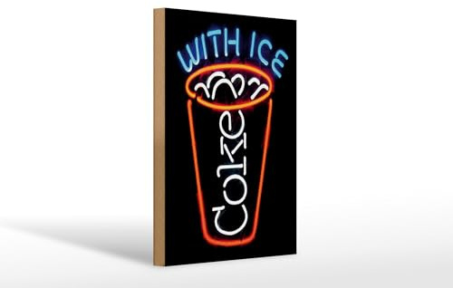 Femer Holzschild Reklame 20x30 cm coke With ice Neonoptik Deko Schild