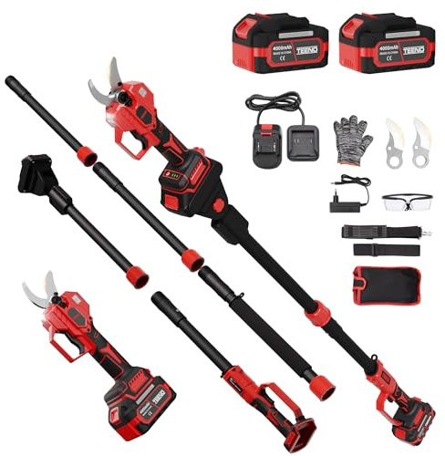 TEENO Sécateur Électrique Avec Perche, 2-en-1 Secateur Electrique Sans Fil Télescopique, Portée Totale 4.3 m, Coupe 50 mm, 2 * 4,0Ah Batteries, Câble de Prolongation 1.05m, Jardin/Arbres/Fleurs