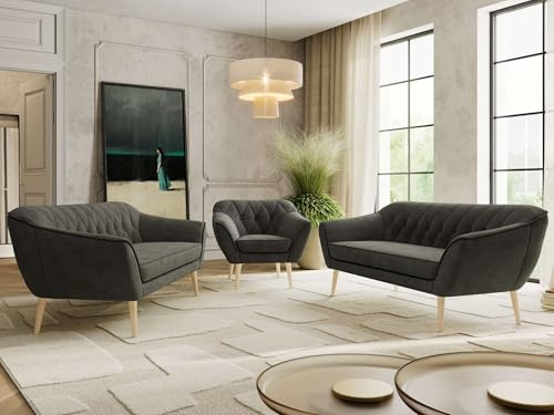 MKS MEBLE Sofagarnitur PIRS 3 + 3 + 1 - Couchgarnitur im skandinavischen Design, Gesteppte Polsterung, Wellenfederung, Wohnzimmer Sofa Set - Buche Beine, Dunkelgrau Velvet