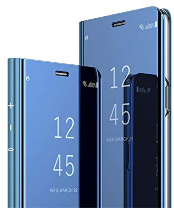 MRSTER Samsung A50 Hülle Clear View Standing Cover, Spiegel Handyhülle Schutzhülle Flip Case Schutz Tasche mit Standfunktion 360 Grad hülle für das Samsung Galaxy A50. Flip Mirror: Blue