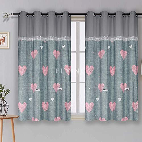Schöne Fertiggardine Fenstergardine Gardine Vorhang mit Zirkonia Herzen Motiv Kinderzimmer Grau Kurz Ösenvorhang LB-KOLP1