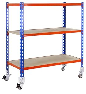 Simon Rack Metallregal mit Rollen 975x900x500 mm - Maderclick | 3 Höhen, Holzablage, Biegepunkt 75 kg, Korrosionsschutzlackierung, Klicksystem-Montage, Blau/Orange