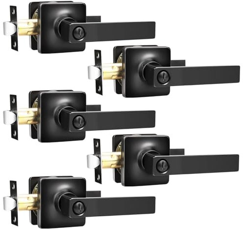 GOBEKOR Türgriffe für Zimmertüren, mit Schloss, 5 Stück, schwarz, für Schlafzimmer, Badezimmer, quadratische Türgriffe, schwarze Türdrücker ohne Schlüssel
