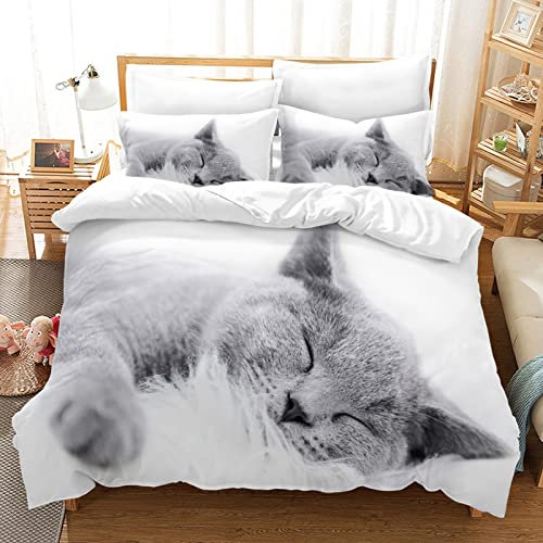 MIQEBX Nettes Katze Bettwäsche Set 135x200cm für Mädchen Jungen Kinder 3D Haustier Katze Mikrofaser Grau Bettbezug Set Lustige tierbedruckte Betten Set Kinderzimmer Dekor