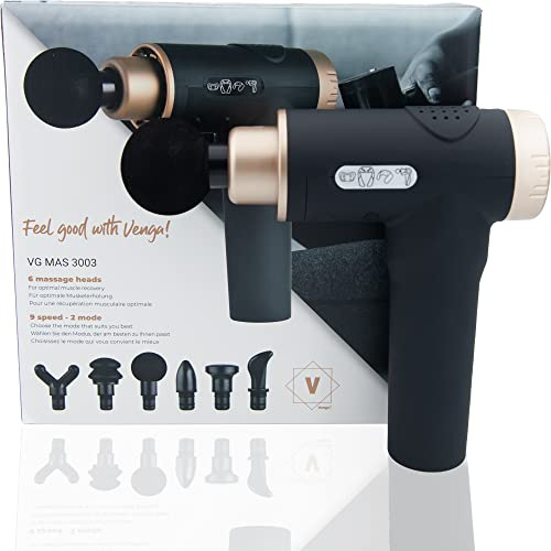 Venga! Massagepistole für Tiefenmuskulatur, 6 Massageaufsätze, 9 Geschwindigkeitsstufen, 2 Massagemodi, Schwarz/Kupferfarben, VG MAS 3003