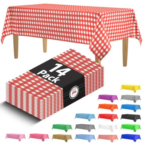 14 Pack Plastic Red Gingham Checkered Picnic Tablecloth 54 X 108 in. Rectangle Disposable Table Covers - Disposable Table Cloths For Parties, Birthdays, Weddings Tablecloth Pack. Indoor and Outdoor