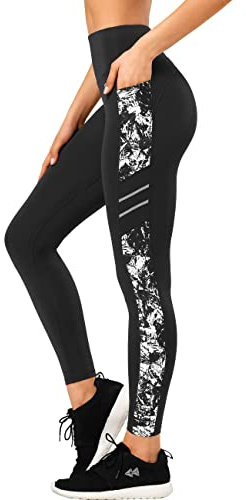 Yvette Printed Damen Sport Leggings mit Taschen, high Waist Blickdicht Gym Sporthose, Weiß Printed, L