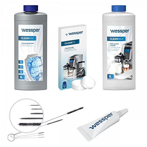 Wessper Coffee Maker Care Set | Premium Barista Accessories Descaler, Descaling Tablets, Milk System Cleaner, Cleaning Brush - Set, Lubricant for The Coffee Machine | Compatible with Saeco Philips