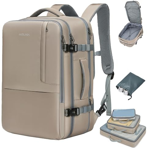 MOLNIA 50L Großer Reiserucksack erweiterbarer Herren Damen Handgepäck Flugzeug Rucksack, 17.3 Zoll Laptop Rucksack spritzwassergeschütztes Carry on Kabinenrucksack für Weekender
