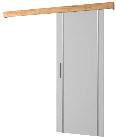 KRYSPOL Schiebetürsystem Salwador 9 Komplett-Set für Schiebetüren, Trennwände Innentüren, Modern Design (weiß matt/Gitter: Craft Gold Eiche/Griff und Streife: Silber)