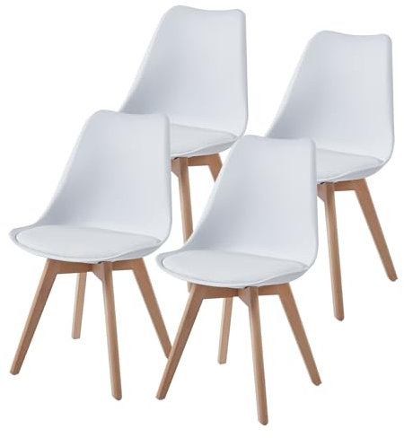 TEENO Set Esszimmerstühle Holzbeine Vintage Bürostuhl Massivbuche Kissen Sitz (4, Weiß)